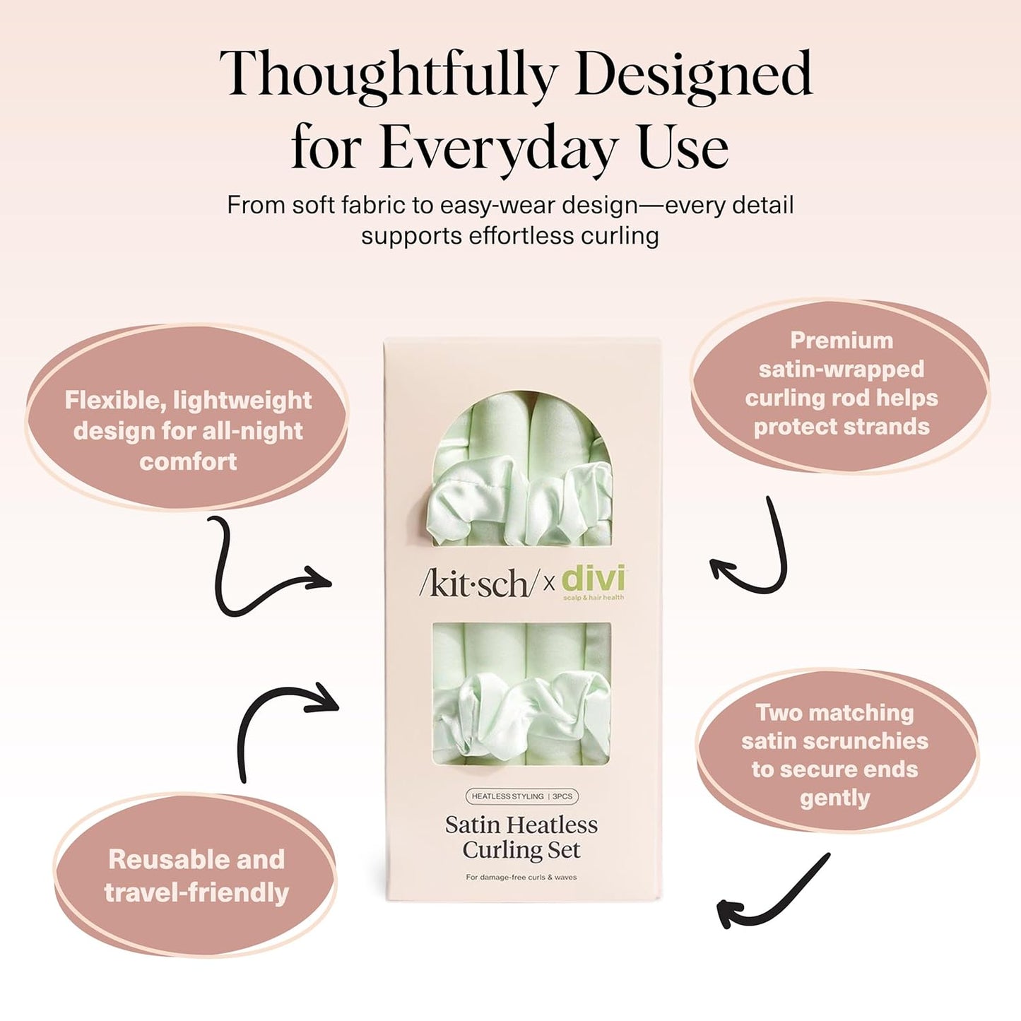 Divi x Kitsch Satin Heatless Hair Curler Set - Heatless Curls Overnight, Hair Rollers for Soft Curls & Frizz-Free Styling, No Heat Curlers To Sleep in, Curling Rod Headband for Overnight Curl- Sage