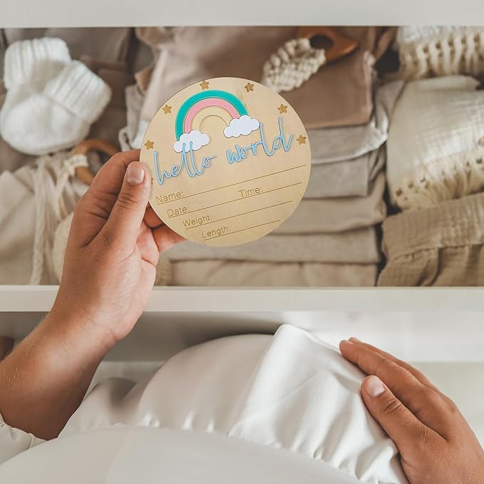 Baby Announcement Sign - 5.9” Round Wooden Hello World Newborn Sign with 3D Rainbow & Cloud - Keepsake Birth Gift for Baby Boy’s First Day, Hospital, Shower, or Nursery Décor (Blue)