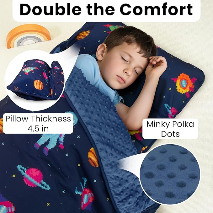 Toddler Nap Mat with Pillow and Minky Blanket, Large 55"x35" Sleeping Bag, Washable, Lightweight, Easy to Roll, Perfect for Preschool, Daycare, Kindergarten, Travel, Boys and Girls(Space)
