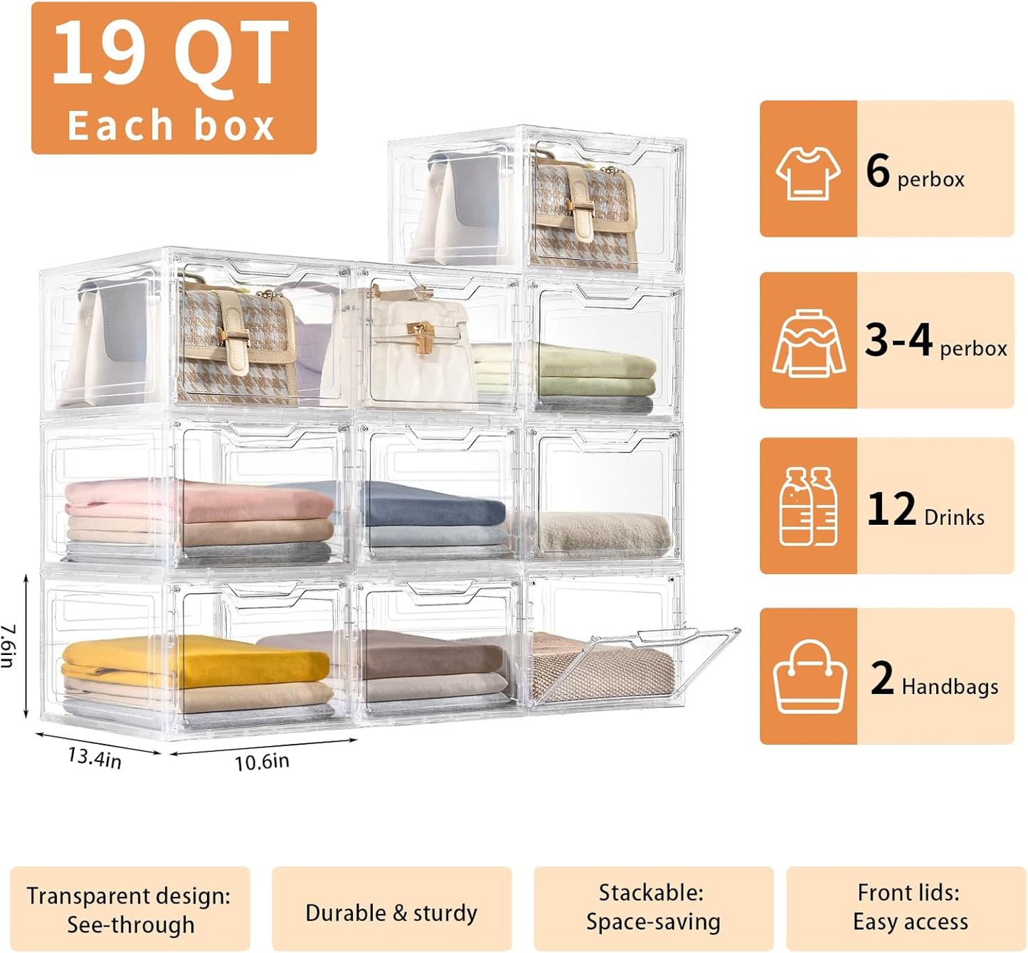 6 Pack Closet Organizers and Storage,Clear Stackable Plastic Storage Bins with Lids Magnetic Doors,Clothes Organizers and Storage,Plastic Craft Containers for Wardrobe Kitchen Bathroom Office