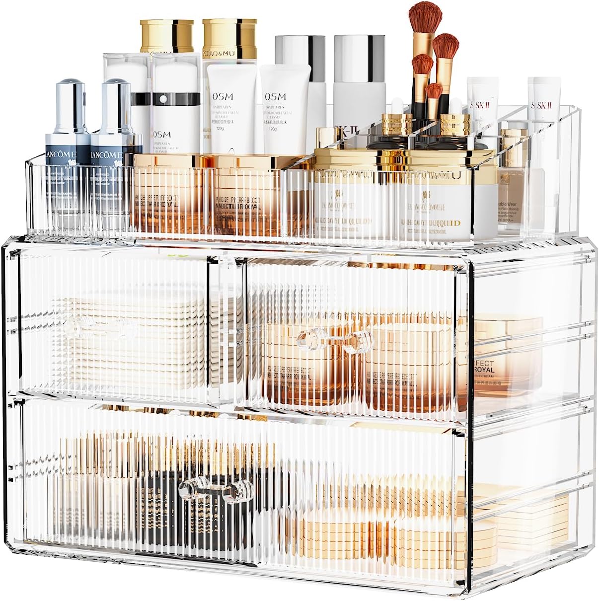 ZHIAI Stackable Cosmetic Organizer, Acrylic Cosmetic Organizer for Dresser, Vanity, Kitchen Cabinet, Bathroom, Under Sink, Home Organization and Storage (1 Top 3 Drawers)
