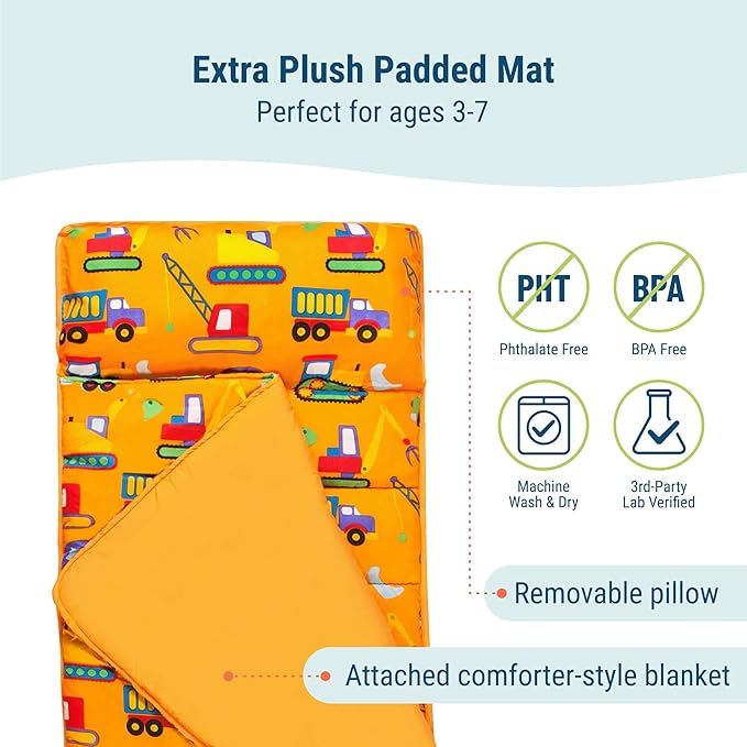 Wildkin Kids Microfiber Nap Mat – Soft Sleep Mat with Pillow, Ideal for School & Travel - Under Construction