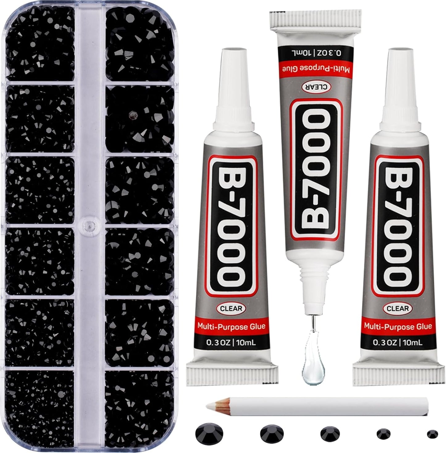 6000Pcs Black Rhinestones for Crafting Bedazzling with b 7000 Jewelry Glue, Resin Flatback Crystal Diamond for Crafts Clothing Clothes Project Dress, Flat Back Bedazzler Half Gems Multiple Sizes