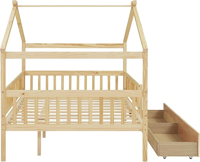Full House Bed with 2 Storage Drawers, Kids Full Bed Frame with Rails and Roof, Tent Bed, Wooden Full Daybed, Full Montessori Bed for Kids Teens Girls & Boys, No Box Spring Needed (Natural)