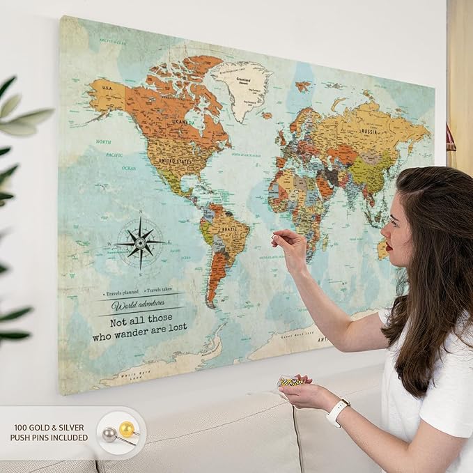 ElephantStock - Personalized Wanderer Push Pin World Map Wall Art - Horizontal Canvas Wall Art - Living Room Wall Decor - Digital Art Map Canvas Art - Orange And Blue Decor - 51" x 34"