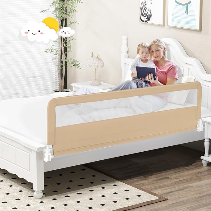 BABY JOY Bed Rails for Toddlers, 71'' Extra Long, Upgraded Swing Down Bed Guard w/Safety Strap, Folding Baby Bedrail for Kids Twin, Double, Full Size Queen & King Mattress (71-Inch, Beige)