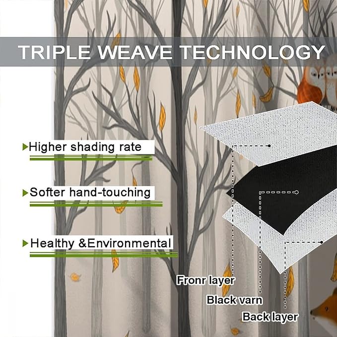 Kids Woodland Animal Window Curtains, Autumn Forest Hedgehog Rabbits Squirrel Fox Birds Blackout Rod Pocket Window Treatments Drapes for Boys Girls Bedroom 63x63in