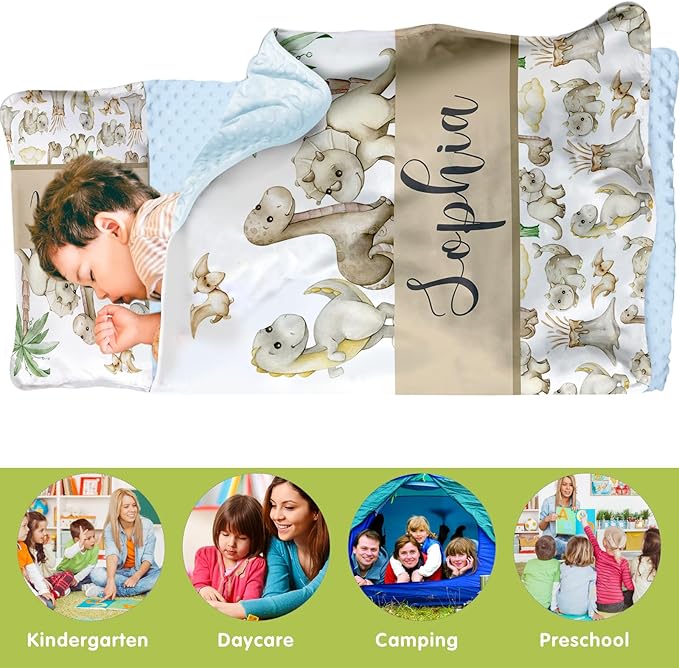 Personalized Toddler Nap Mats for Preschool, Custom Name Kids Sleeping Bag for Daycare, Roll Up Sleeping Mat with Removable Pillow and Soft Dot Minky Blanke for Boys Camping Travel