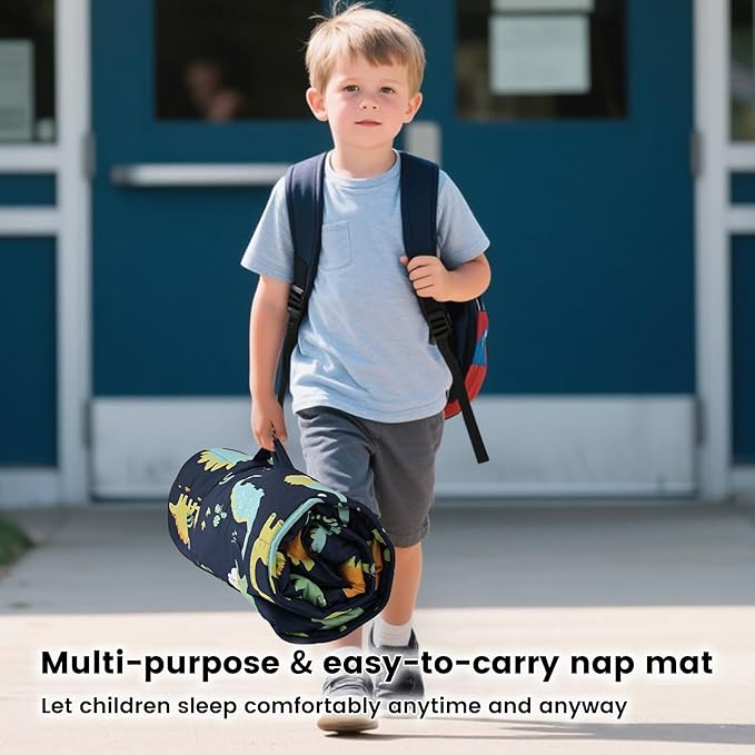 PHF Large Dinosaur Toddler Nap Mat Set, with Removable Pillow for Toddler Boys, Soft and Lightweight for Daycare, Preschool, Travel, Kindergarten Sleeping Bag, Fits Ages 3-6 Years, Large Dinosaur