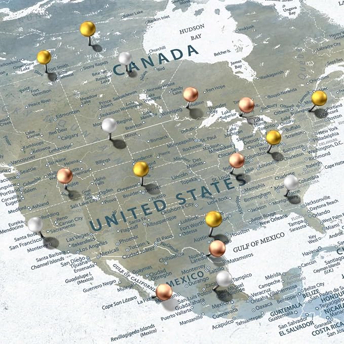 ElephantStock - Home With You II Push Pin World Map Wall Art - Horizontal Canvas Wall Art - Living Room Wall Decor - Digital Art Map Canvas Art - Blue And Gray Decor - 24" x 16"