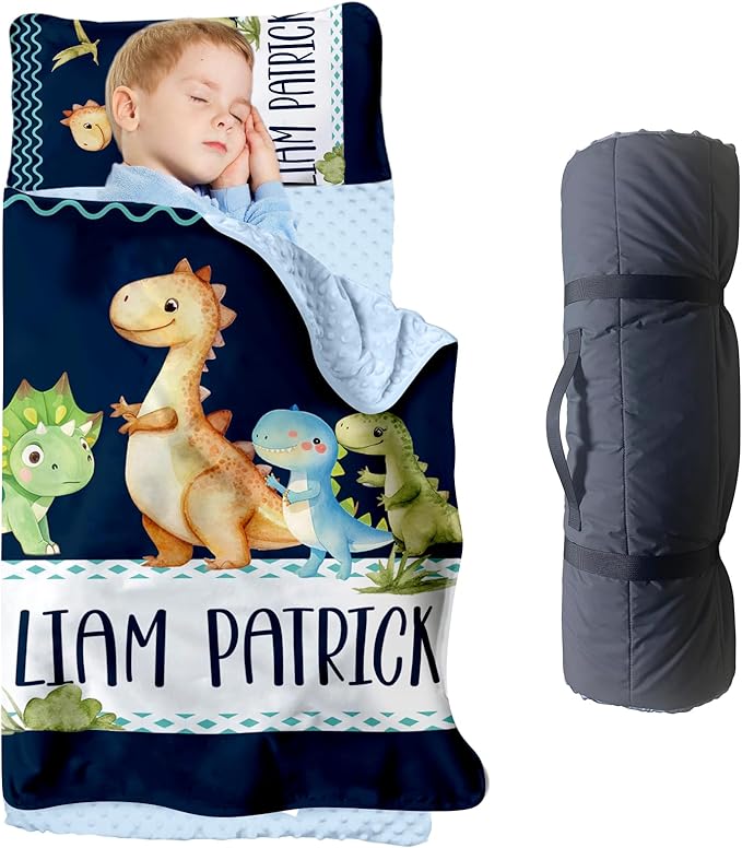 Personalized Toddler Nap Mats for Preschool, Custom Name Kids Sleeping Bag for Daycare, Roll Up Sleeping Mat with Removable Pillow and Soft Dot Minky Blanke for Boys Camping Travel