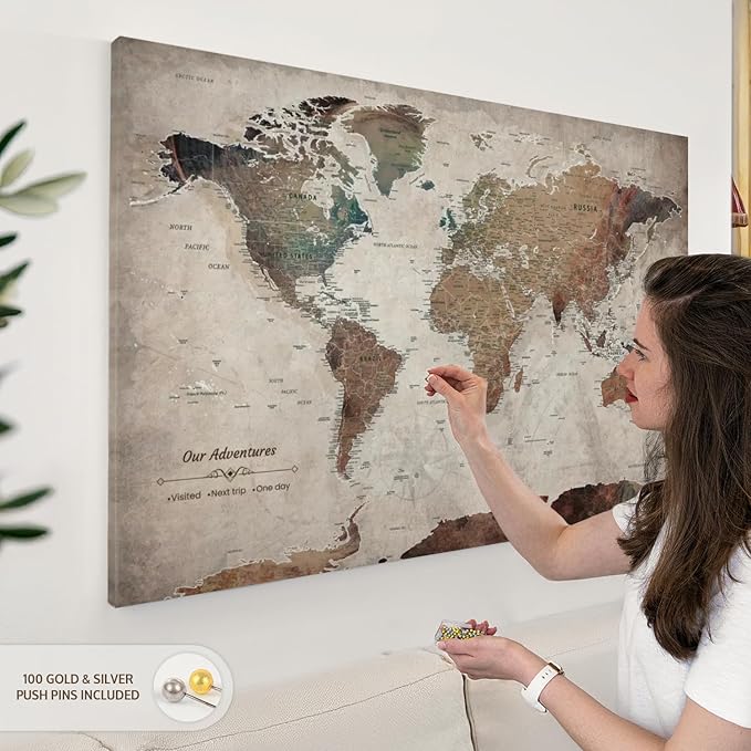 ElephantStock - Our Adventures World Map With Push Pin Iii Wall Art - Horizontal Canvas Wall Art - Living Room Wall Decor - Printmaking Map Canvas Art - Beige And Brown Decor - 45" x 30"