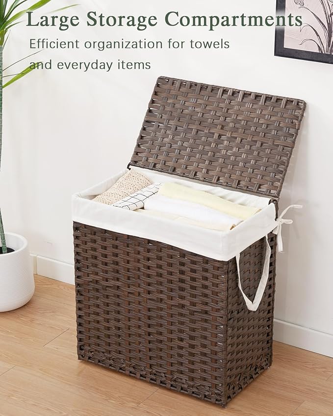 Laundry Hamper with Lid Wicker Laundry Basket 112 L (29.6 Gal) Laundry Hampers Handwoven Rattan Laundry Hamper with Handles 3 Removable Washing Bag, 6 Mesh Bags for Bathroom Bedroom Brown