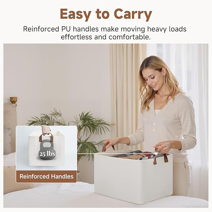 StorageWorks Storage Bins, Fabric Storage Bins for Shelves, Large Storage Baskets with Metal Frame, Closet Baskets and Bins with Handles, Beige, 2-Pack