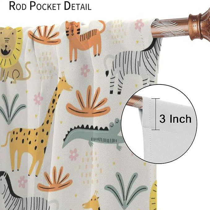 Wild Animals Curtains, Cute Cartoon Animals Zoo with Lion Zebra Crocodile Cat and Giraffe Tropical Jungle Plant Print Window Treatments for Kids Boys Girls Bedroom Living Room 55x63in