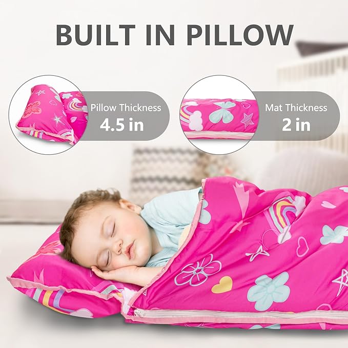 Primlect Toddler Nap Mat Extra Large Thickened 55''x35'', Soft Sleeping Bag with Detachable Minky Blanket and Pillow, Portable for Daycare, Preschool, Kindergarten, Travel, Boys and Girls