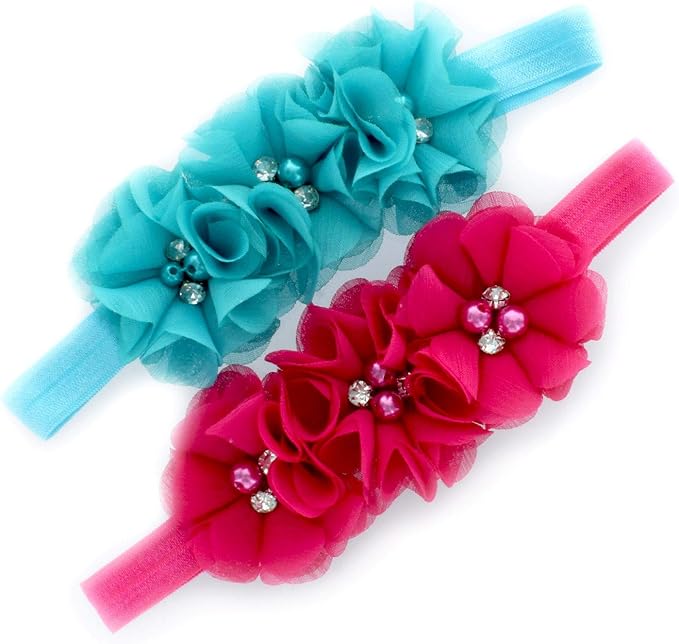 My Lello Flower Headbands Baby - Girls - Toddler Fabric Beaded Stretchy Elastic Pair