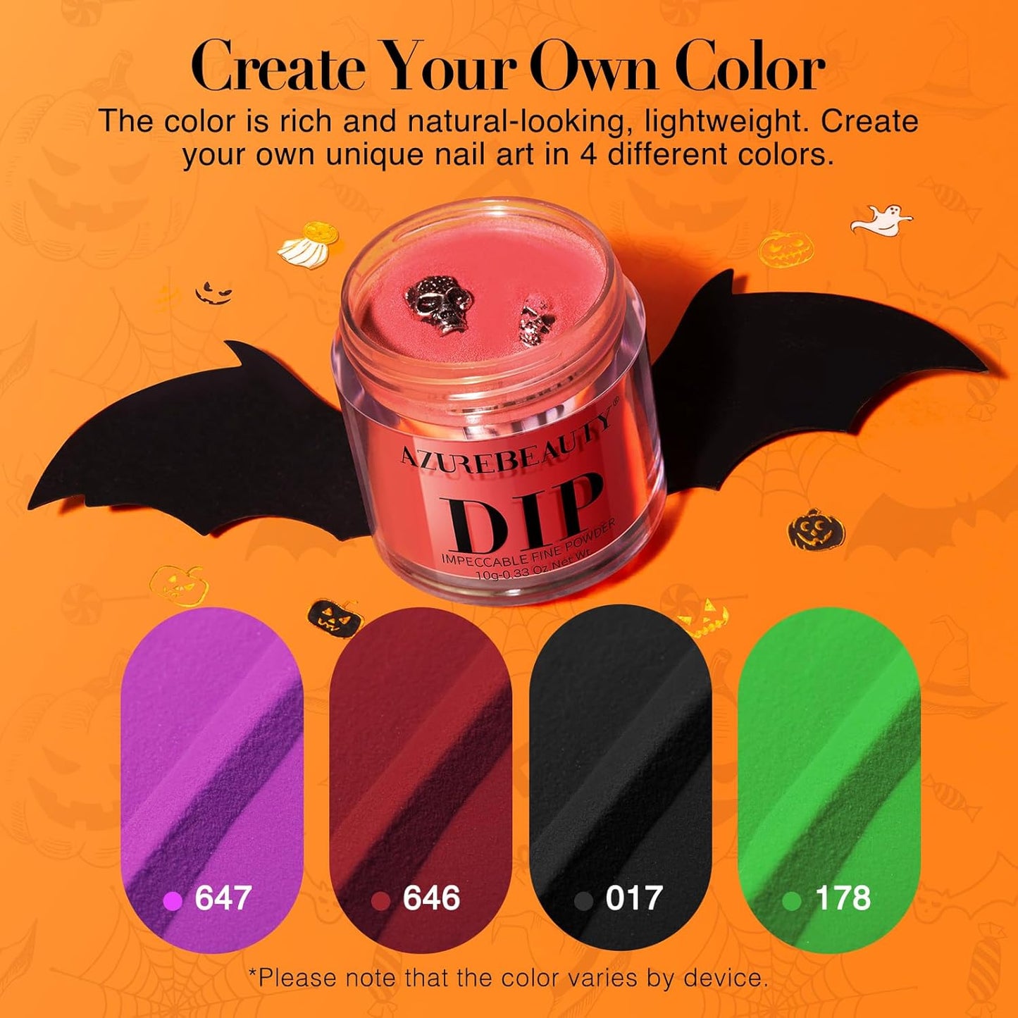 AZUREBEAUTY Halloween Dip Powder Nail Kit Starter Black Green Noctilucent Purple Red add 3D Nails Accessory Acrylic Dip Powder Liquid Set with Base/Top Coat Activator for Manicure Gift Box