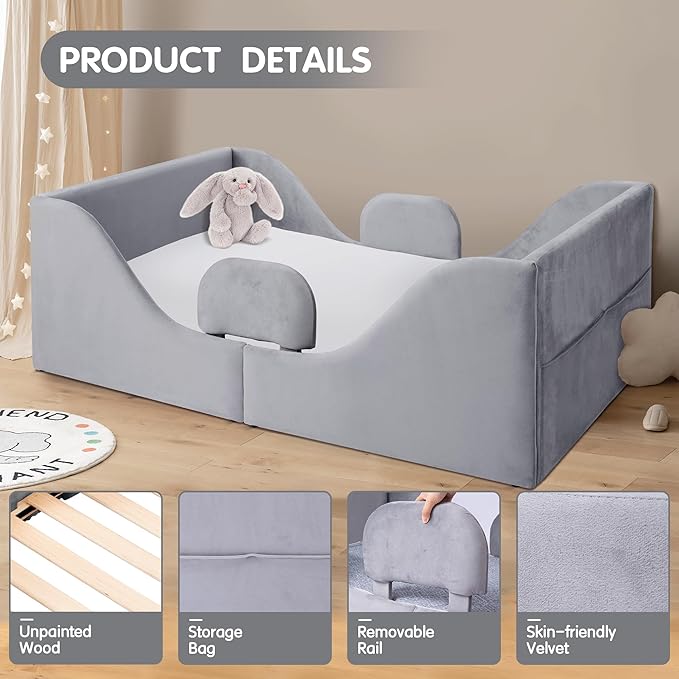 Toddler Floor Bed with Removable Safety Rails, Standard Crib Size Low Profile Toddler Bed Frame for Kids 1-7 Years, Soft Velvet Montessori Bed (Mattress Not Included)