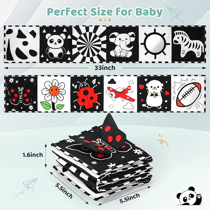 High Contrast Baby Book with Tummy Time Mirror & Contrast Cards | Black and White Visual Stimulation for Newborns 0-6 Months & Infants | Interactive Learning Gift, Baby Shower Essential