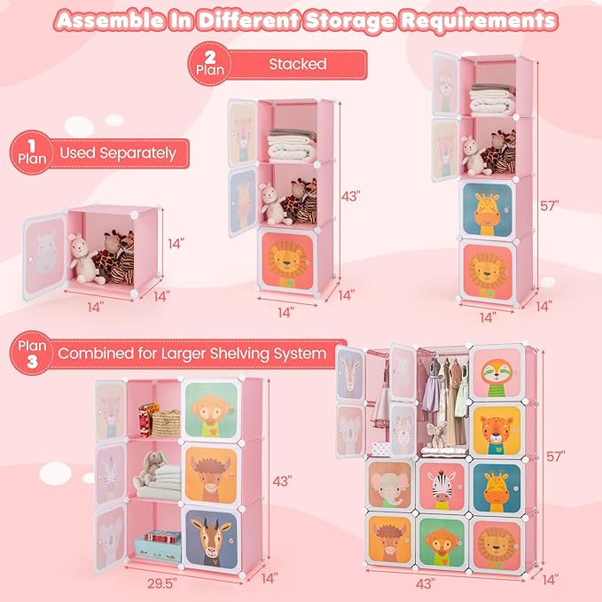 Costzon Kids Closet, Cartoon DIY Modular Dresser Storage Organizer with 12 Cubes & 2 Clothes Hanging Rack, Portable Armoire for Baby Toddlers, Kids Wardrobe for Bedroom Nursery (Pink)