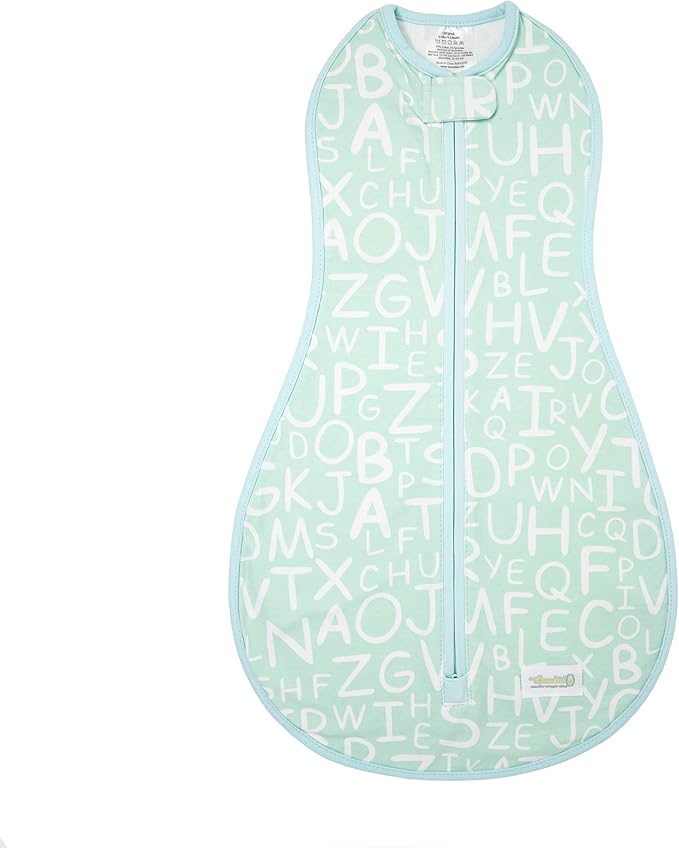 Woombie Original Baby Swaddling Blanket - Soothing, Cotton Zippered Swaddle - Wearable Newborn Blanket, Mint Alphabet, 14-19 lbs