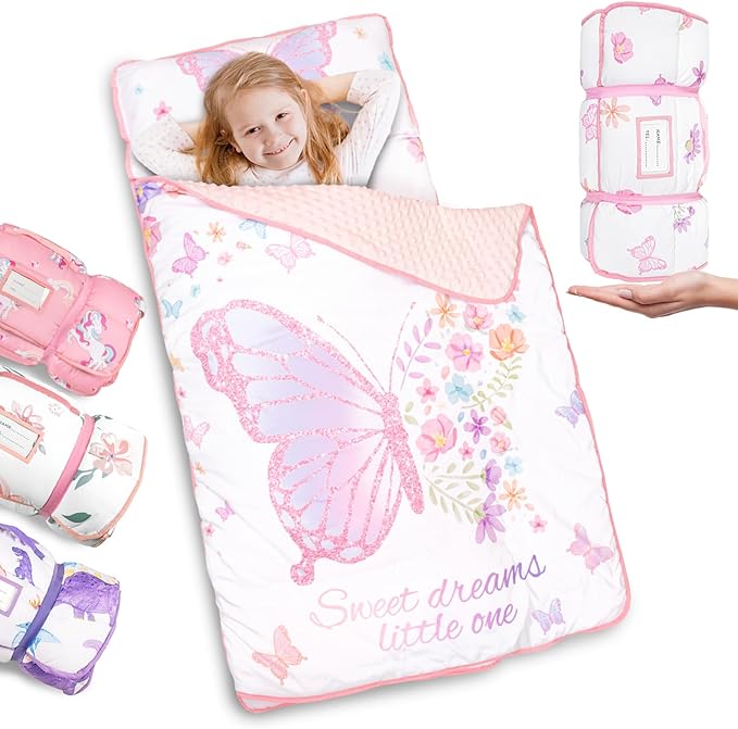Primlect Thickened Toddler Nap Mat with Removable Pillow and Minky Blanket, Extra Large 55''x35'' Sleeping Bag, Washable, Roll up, Perfect for Daycare, Preschool, Kindergarten, Girls Butterfly