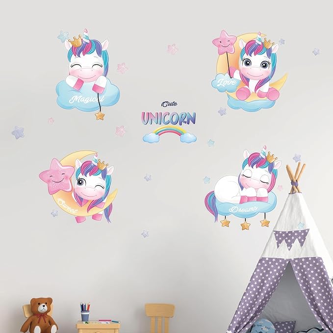 Unicorns Wall Decals - Colourful Peel and Stick Cute Unicorn Wall Stickers, Decor for Baby Nursery, Toddler & Kids Bedroom Walls