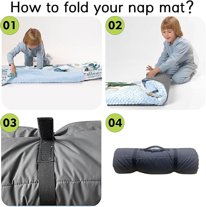 Personalized Toddler Nap Mats for Preschool, Custom Name Kids Sleeping Bag for Daycare, Roll Up Sleeping Mat with Removable Pillow and Soft Dot Minky Blanke for Boys Camping Travel