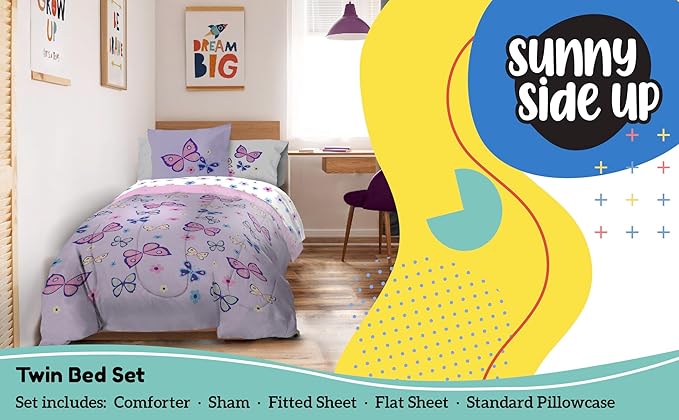 Sunny Side Up Butterfly Twin Comforter Set - 5 Piece Kids Bedding Includes Comforter, Sheets & Pillow Cover - Super Soft Purple Floral Microfiber Bed Set