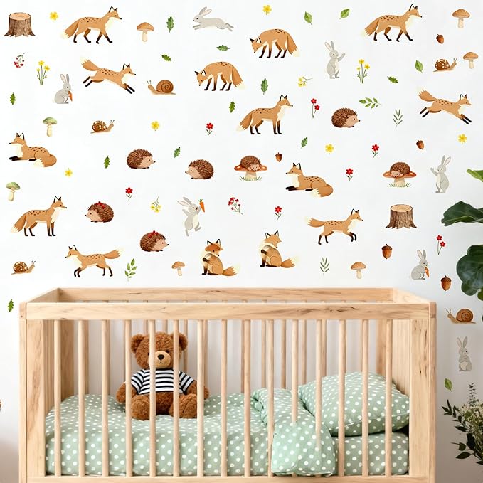 Woodland Animal Wall Stickers Cute Animals Wall Decals Peel and Stick Catroon Animal Decal Funny Fox Hedgehog Rabbit Stickers Forest Woodland Decals for Kids Room Bedroom Nursery Decor
