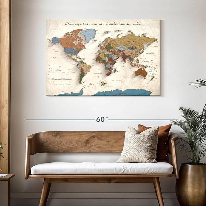 ElephantStock - Personalized Journey V Push Pin World Map Wall Art - Horizontal Canvas Wall Art - Living Room Wall Decor - Digital Art Map Canvas Art - Beige And Orange Decor - 45" x 30"