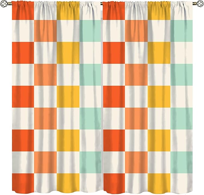 70s Retro Curtains,Cute Green Pink Yellow Checkered Hippie Window Treatments for Kids Girl Bedroom Window 63"" W X 63"" L, Style-7