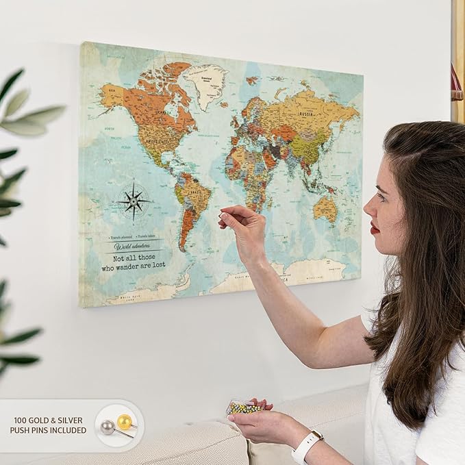 ElephantStock - Personalized Wanderer Push Pin World Map Wall Art - Horizontal Canvas Wall Art - Living Room Wall Decor - Digital Art Map Canvas Art - Orange And Blue Decor - 30" x 20"