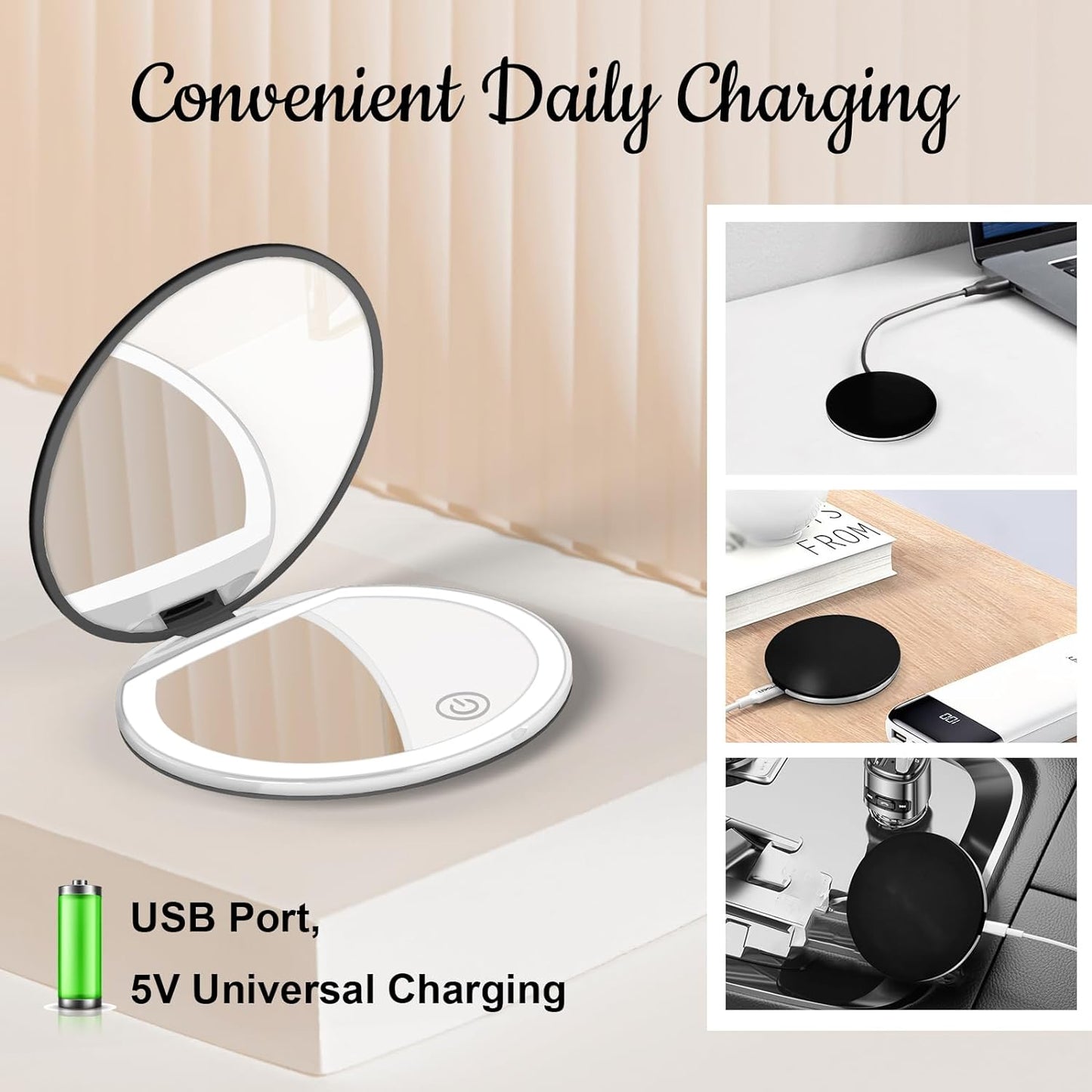 Compact Mirror with Light, 1X/3X Magnification LED Pocket Mirror with USB Data Cable,Mini Mirror for Purse, Pocket,Travel and Present (Black)