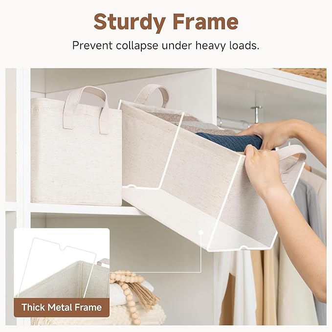 StorageWorks Storage Bins, Shelves Baskets for Organizing, Fabric Closet Organizers with Handles, Metal Frame, Beige（Cotton-linen）, 2-Pack