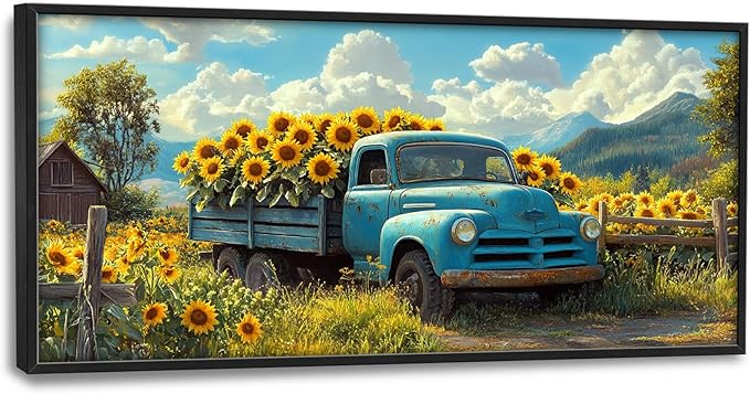 Olivine Large Wall Art, Sunflower Pictures Wall Decor, Farmhouse Sunflower Painting, Sunflowers Truck Canvas Prints, Framed Artwork for Living Room Bedroom Bathroom Office Home Decoration 60"x30"