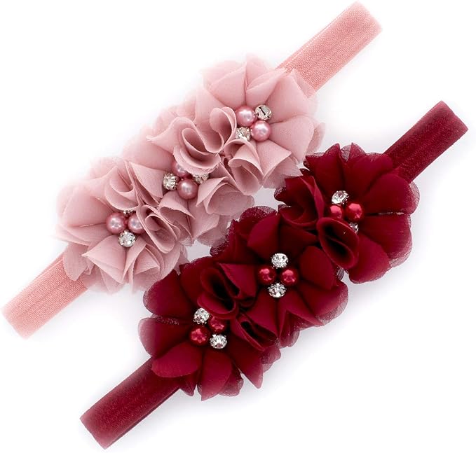 My Lello Flower Headbands Baby - Girls - Toddler Fabric Beaded Stretchy Elastic Pair