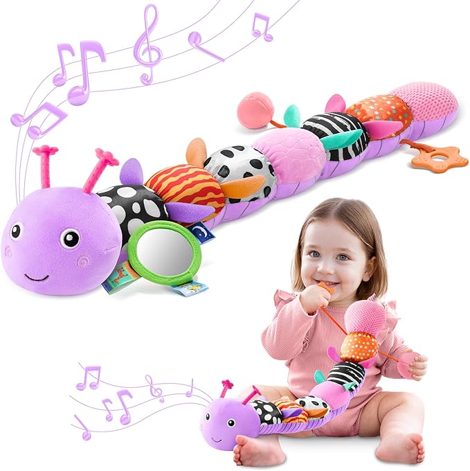 Baby Toys 0-6-12 Months,Musical Caterpillar Stuffed Animals Activity Infant Toys with Crinkle,Rattles,Mirror&Pull String,Muti-Sensory Toys Gifts for Newborn Tummy Time,Taro Purple|Leafy