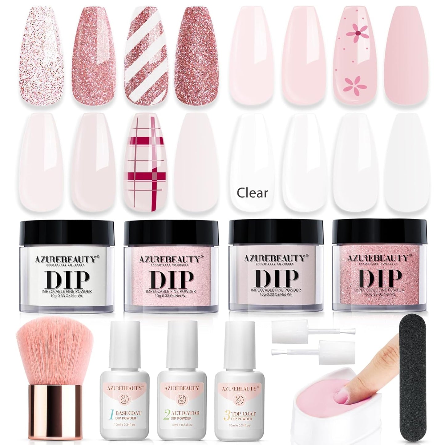 AZUREBEAUTY Dip Powder Nail Kit Starter, 4 Colors Pink Tones Dipping Powder Set, French Nail Art Base Top Coat Activator Liquid All Seasons Manicure DIY Salon 12 PCS