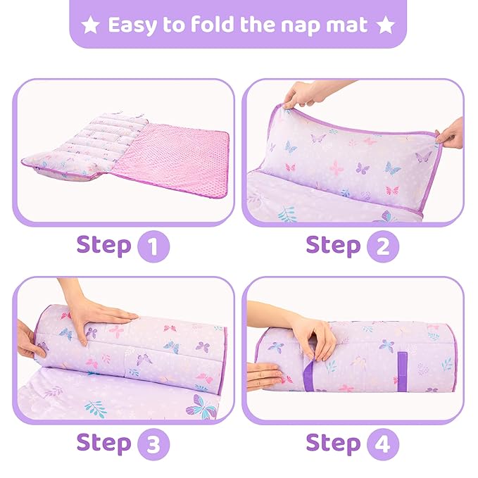 Viviland Toddler Kid Nap Mat for Preschool, Girls Purple Butterfly Slumber Bag, Daycare Sleeping Bag with Pillow and Blanket, Kindergarten Sleep Mat
