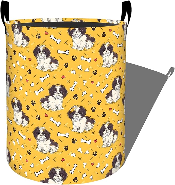 Cute Shih Tzu with Paw and Bone Pattern Laundry Basket with Handles, 19.7"x15.7" Clothes Foldable Puppy Dog Laundry Hamper Organizer for Dorm Nursery Bedroom Bathroom Decor, Toy Storage Bin for Kids