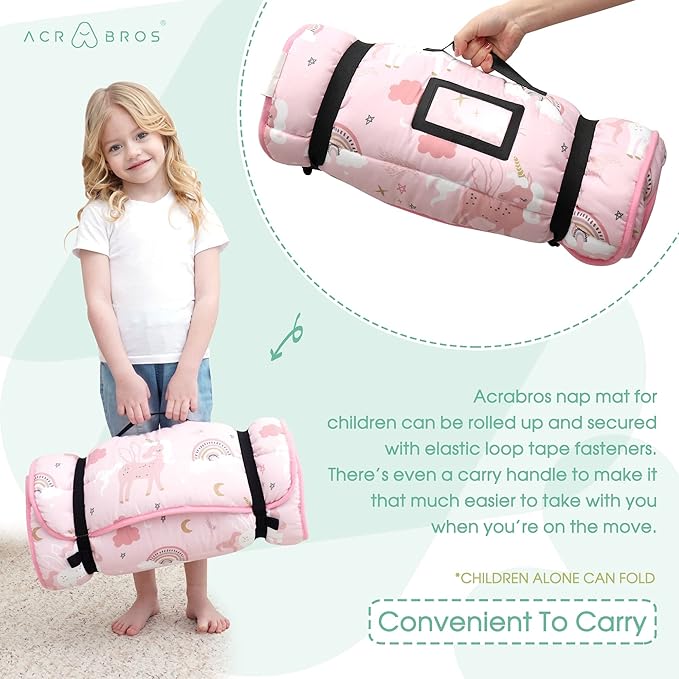 ACRABROS Toddler Nap Mat with Pillow and Blanket, Extra Large Rolled Napping Mats,Slumber Bags for Boys Girls,Kids Sleeping Bag for Daycare, Preschool Travel Camping, Unicorn