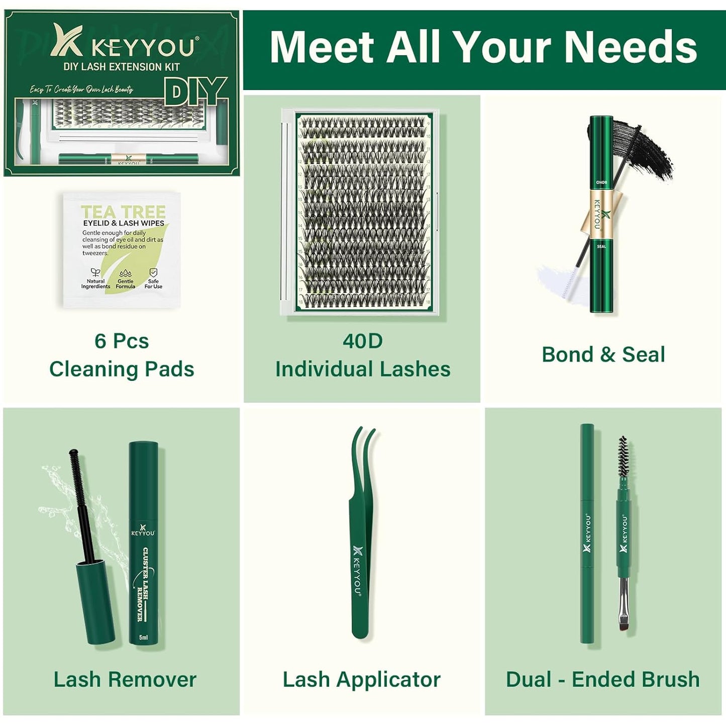 KEYYOU Lash Extension Kit DIY 300Pcs Lash Clusters Eyelash Extension Kit 40D C Curl 9-18MIX Lash Clusters Kit with Lash Glue Remover Applicator Easy to Use for Beginners(Kit,40D-C,9-18MIX)