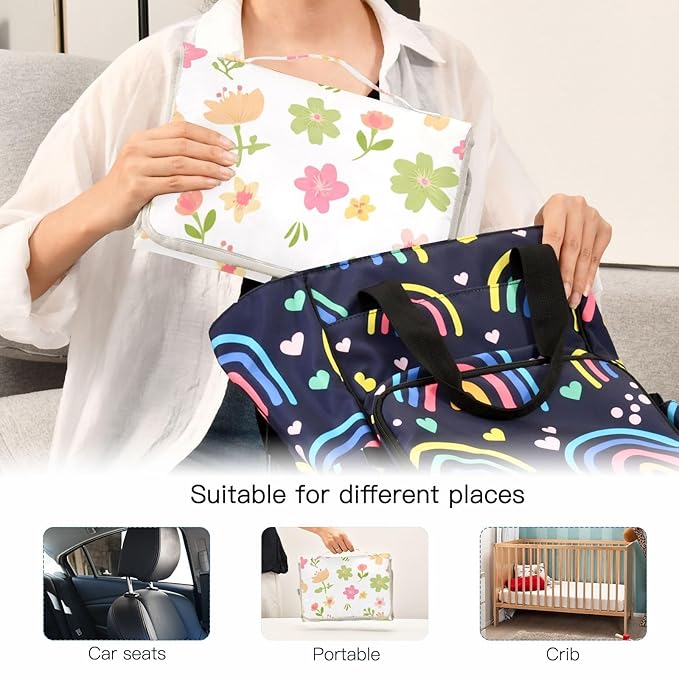 Flowers Portable Changing Pad with Built-in Pillow, Waterproof Foldable Baby Diaper Changing Pads, Diaper Mat for Boys and Girls