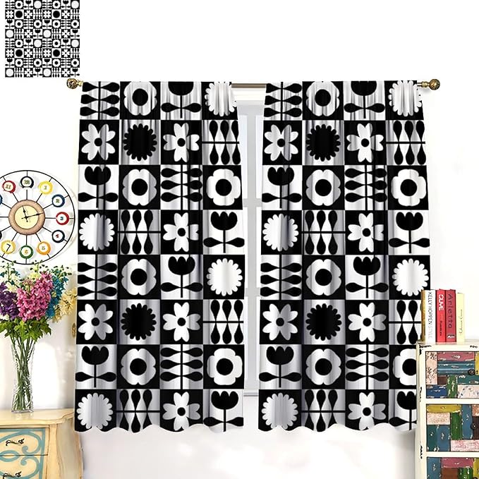 Mid Century Geometric Floral Curtains,Vintage 70s Window Treatments for Boys Girls Kids Bedroom Curtains,Boho Black and White Floral Curtains 42"" W X 45"" L, Style-10