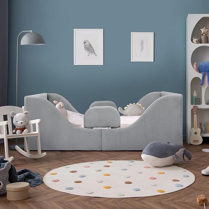 Toddler Floor Bed with Removable Safety Rails, Standard Crib Size Low Profile Toddler Bed Frame for Kids 1-7 Years, Soft Velvet Montessori Bed (Mattress Not Included)