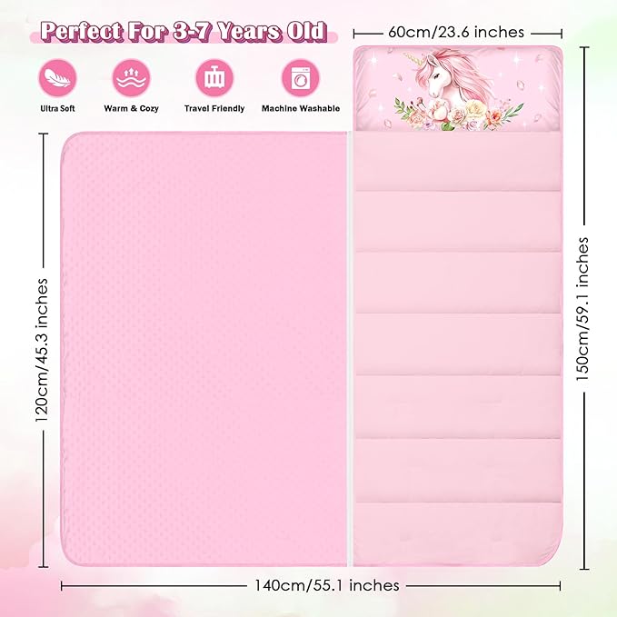 Toddler Nap Mat Kids Sleeping Bag 59"×24", Soft Slumber Bag with Removable Pillow and Blanket for Kids Girls Boys,Roll Up Sleeping Mat Thick for Camping,Daycare, Kindergarden