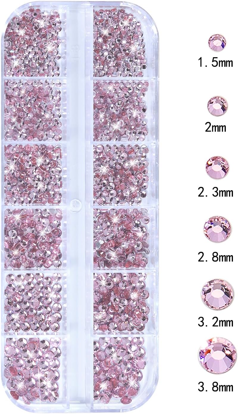 Nail Rhinestones - 3D Multi Shape Size, Flat Back, Manicure Rhinestones Charms, Crystal Pink Gems, with Kit, for Nail Art, Bedazzling Acrylic Nails, DIY Decor