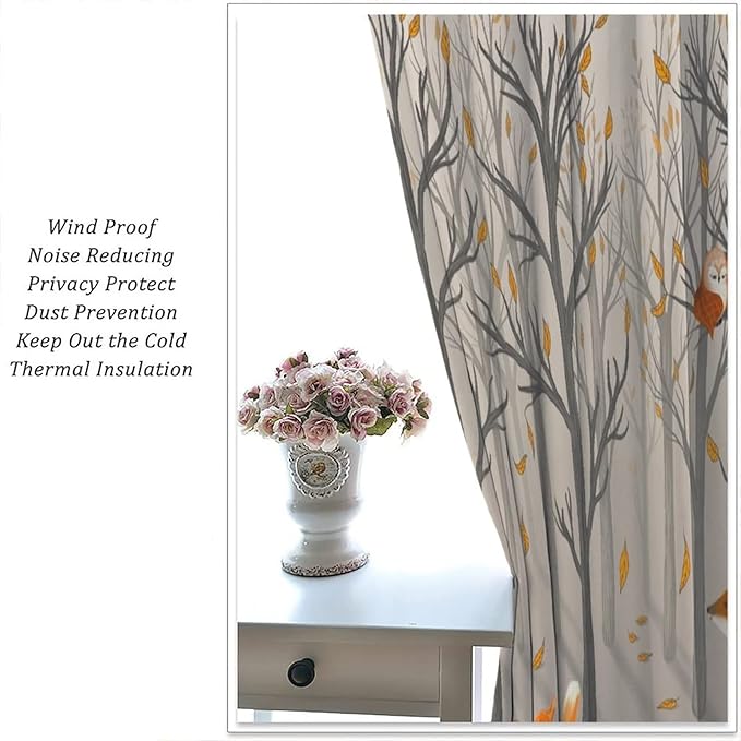 Kids Woodland Animal Window Curtains, Autumn Forest Hedgehog Rabbits Squirrel Fox Birds Blackout Rod Pocket Treatments Drapes for Boys Girls Bedroom 42x54in